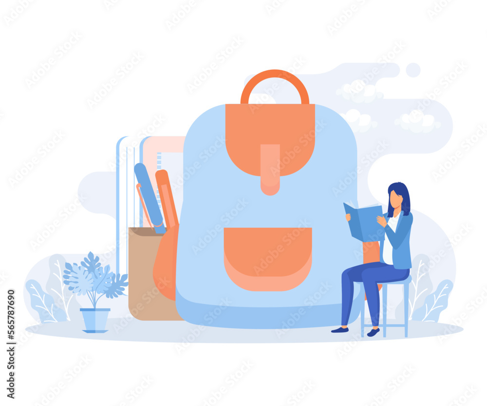 Fototapeta premium Back to school illustration set. Characters preparing to start a new academic year. Students studying lessons, reading books and organizing school backpack. Education concept. flat vector illustration