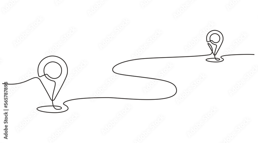 Continuous one line drawing of path and Location pointers. Simple pin between two points in thin Linear style. Gps Navigation and Travel concept in doodle style - obrazy, fototapety, plakaty 
