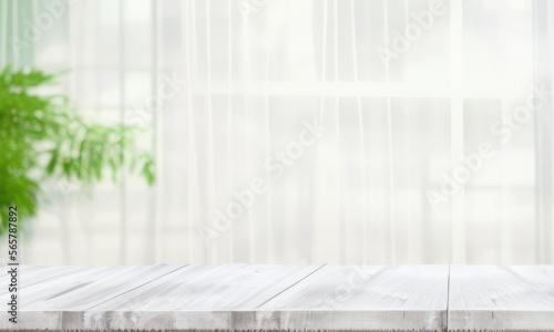 wooden table top on blurred background of half curtained window created with generative AI