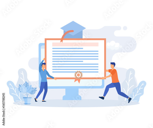 Educational scenes. Characters reading learning books, studying online on mobile phone and receiving graduation diploma. Online education concept. flat vector modern illustration