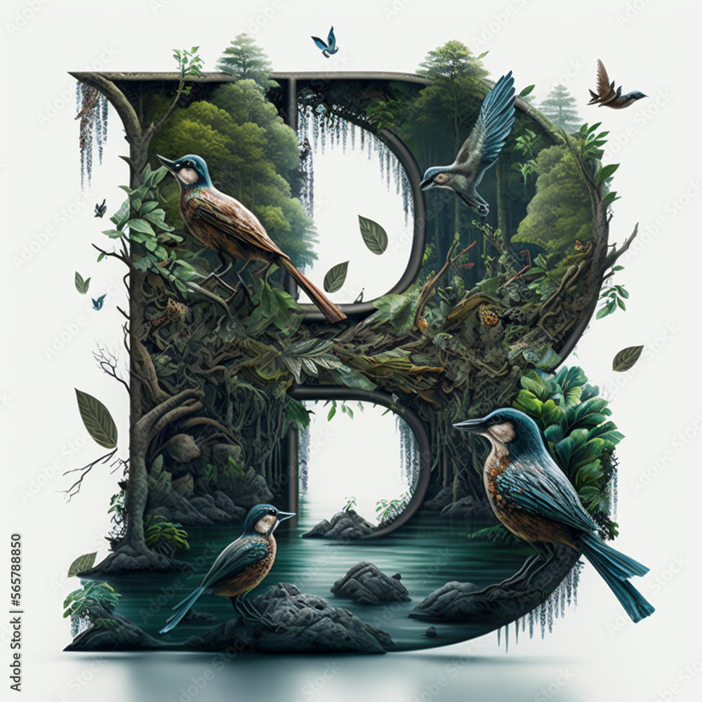 Logo reveals the letter B in an epic forest with water and birds, high ...