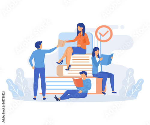 Book exchange and reuse illustration. Characters recommending, sharing and swapping books. People reading together. flat vector modern illustration