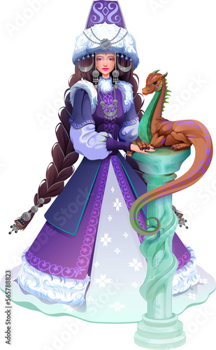 Kazakh girl snow maiden and chinese dragon symbol 2024 new year. Kazakhstan woman national clothes and silver jewelry