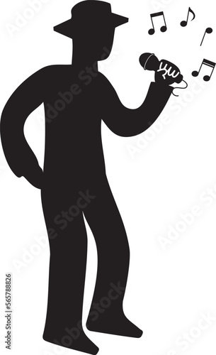 マイクを持って歌う男性と音符のシルエット
