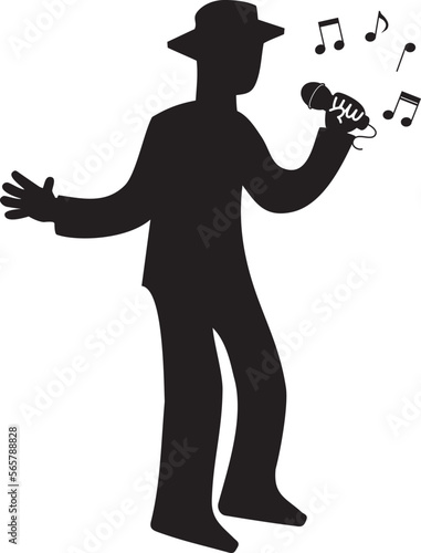 マイクを持って歌う男性と音符のシルエット