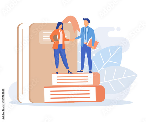 Book exchange and reuse illustration. Characters recommending, sharing and swapping books. People reading together. flat vector modern illustration