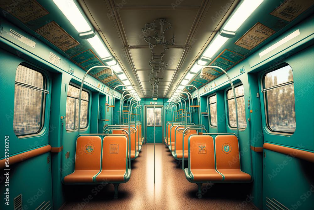 interior of a train, metro wide angle - Generative AI