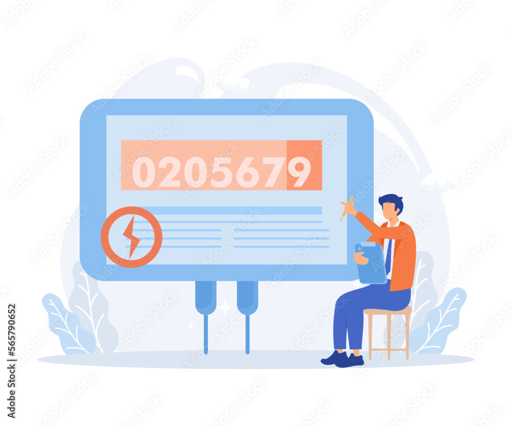 Sustainability illustration. Characters monitoring private electricity and central heating meter and calculating household utility bill. flat vector modern illustration