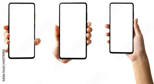 Hands holding black smartphone, isolated Clipping paths for design work empty free space mock up product display presentation.