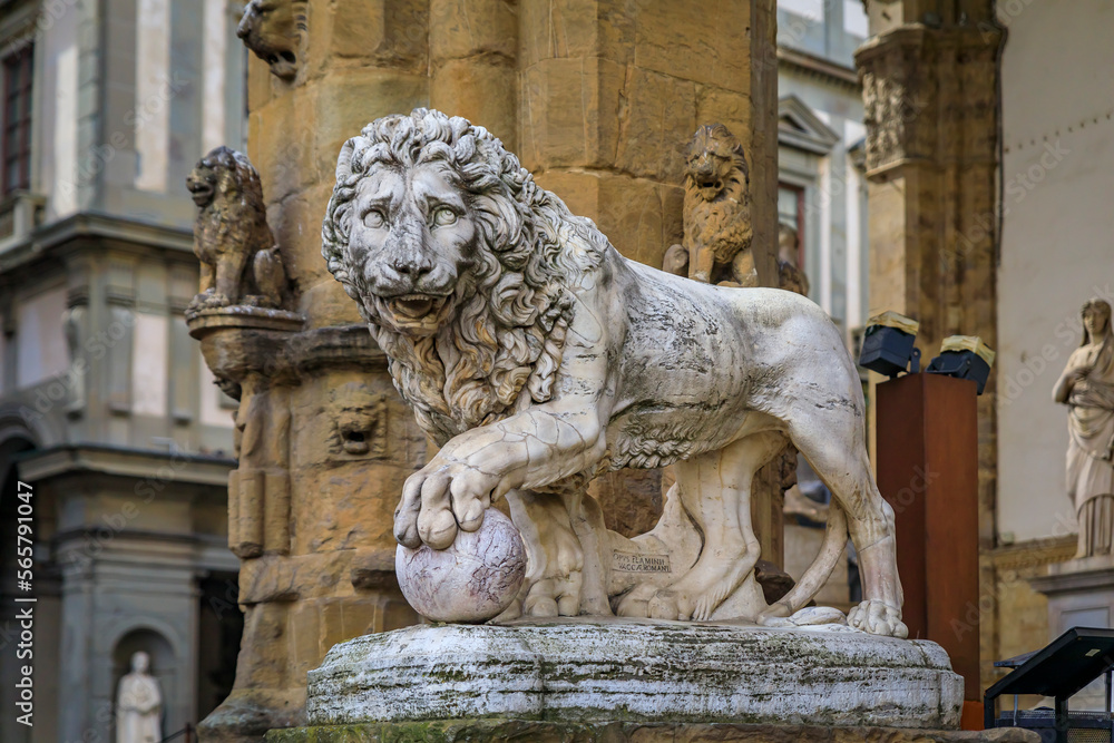 Medici lion outside Palazzo Vecchio on Square of Signoria in Florence, Italy