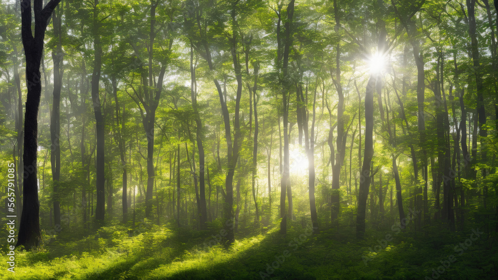 a beautiful forest with green trees and beautiful sunlight