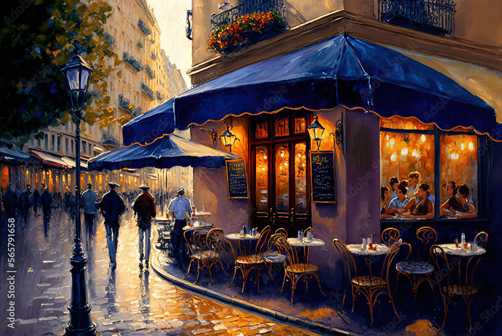 A café in Paris is charming and lively, showing narrow and picturesque streets, brick houses and sloping roofs. The café has a lively terrace with wrought iron tables and chairs.