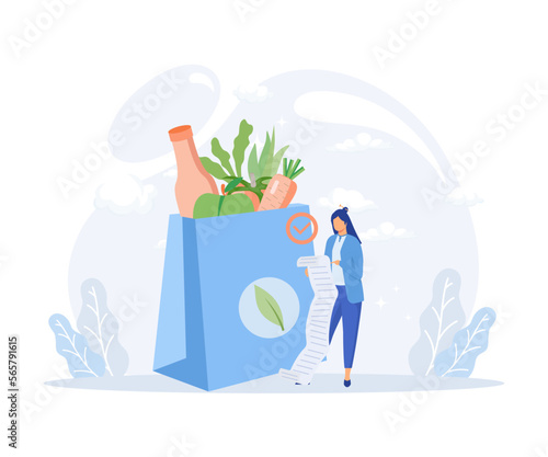 Grocery food illustration. Character buying online fresh organic vegetables and other groceries, paying for an order and receiving delivery. Flat vector modern illustration 