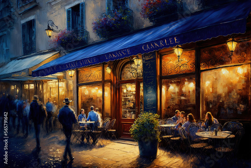 A café in Paris is charming and lively, showing narrow and picturesque streets, brick houses and sloping roofs. The café has a lively terrace with wrought iron tables and chairs.