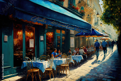 A café in Paris is charming and lively, showing narrow and picturesque streets, brick houses and sloping roofs. The café has a lively terrace with wrought iron tables and chairs. © AlexRillos