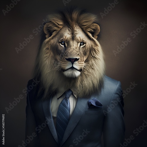 Portrait of a lion dressed in a formal business suit  blue tie  bussiness animals  generative ai