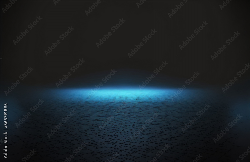 Dark empty room no walls much space blue glow. Generative AI. Dark empty room no walls much space blue glow. Generative AI.