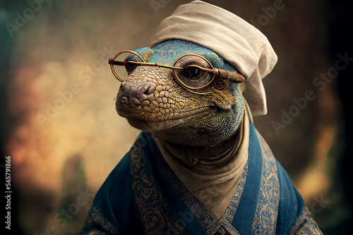 komodo dragon wearing traditional clothing photo