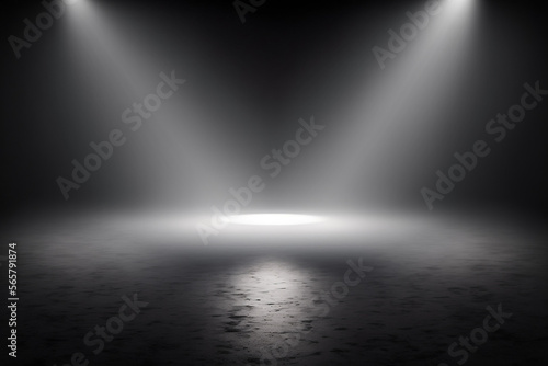 Atmosperic space with spotlights and light rays in a dark and empty room. Generative AI.
