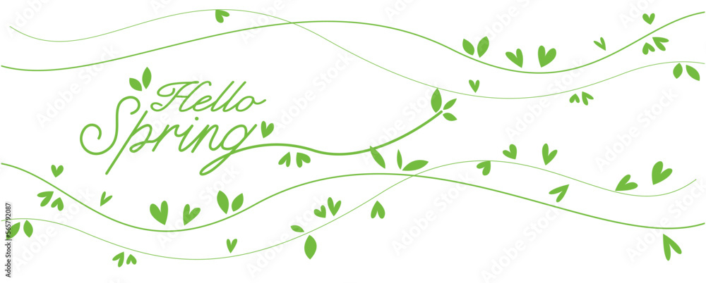 Spring green leaves background. Hello spring lettering and green leaves decoration illustration. Simple spring botanical illustration for Seasonal promotion, event, background and graphic design. - obrazy, fototapety, plakaty 
