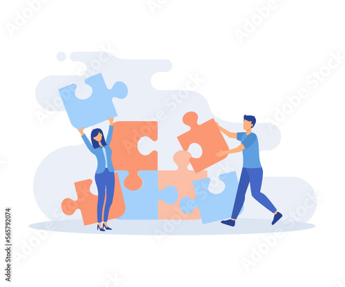 Business illustration. Characters assembling jigsaw puzzle, moving chess figure, planning financial strategy to achieve business goals. Flat vector modern illustration 