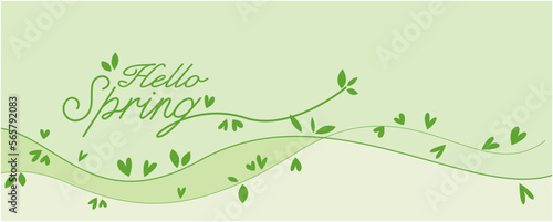 Spring green leaves background. Hello spring lettering and green leaves decoration illustration. Simple spring botanical illustration for Seasonal promotion, event, background and graphic design.
