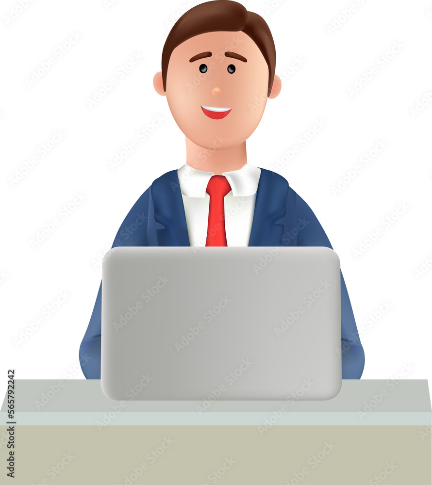 illustration of businessman sitting at desk using laptop. illustration of businessman working on laptop. Smiling worker working on laptop illustration of businessman sitting at desk using laptop. illustration of businessman working on laptop. Smiling worker working on laptop