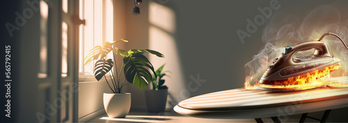 Fire due to the included electric iron on the ironing board against the background of a window and a houseplant. Forgot to turn off the household appliances. Generative AI image