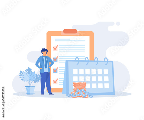 Financial administration. Characters calculating and filling salary payslip and payroll report. Business accounting, organization and audit concept.Flat vector modern illustration 