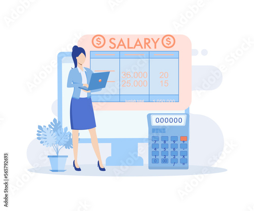 Financial administration. Characters calculating and filling salary payslip and payroll report. Business accounting, organization and audit concept.Flat vector modern illustration 