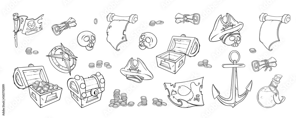 Pirate doodle set. Sketch of chest with coins, treasure map, compass and other pirate belongings. Vector illustration isolated in white background Pirate doodle set. Sketch of chest with coins, treasure map, compass and other pirate belongings. Vector illustration isolated in white background