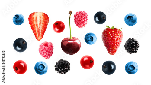 Collection of fresh berries isolated on transparent png. Strawberry, blueberry, cherry, raspberry, currant, blackberry
