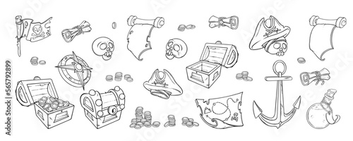 Pirate doodle set. Sketch of chest with coins, treasure map, compass and other pirate belongings. Vector illustration isolated in white background