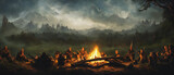 A captivating work of art featuring a group of people gathered around a warm campfire, evoking a sense of community and togetherness. Generative AI