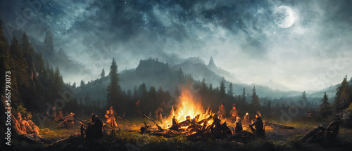 A captivating work of art featuring a group of people gathered around a warm campfire, evoking a sense of community and togetherness. Generative AI