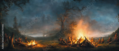 A captivating work of art featuring a group of people gathered around a warm campfire  evoking a sense of community and togetherness. Generative AI