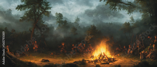 A captivating work of art featuring a group of people gathered around a warm campfire  evoking a sense of community and togetherness. Generative AI