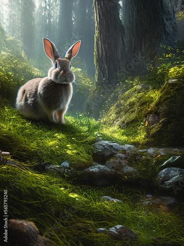 A cute bunny is seated amidst moss in the heart of a forest. Generative AI