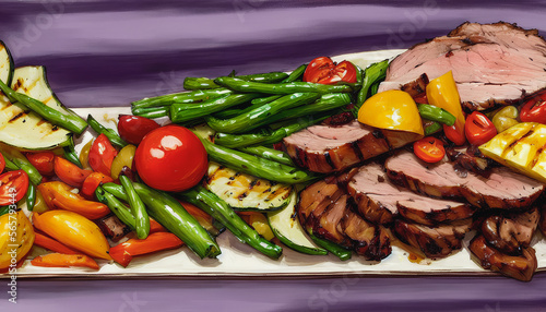 Still-life painting of succulent grilled roasted pork surrounded by colorful vegetables. Generative AI