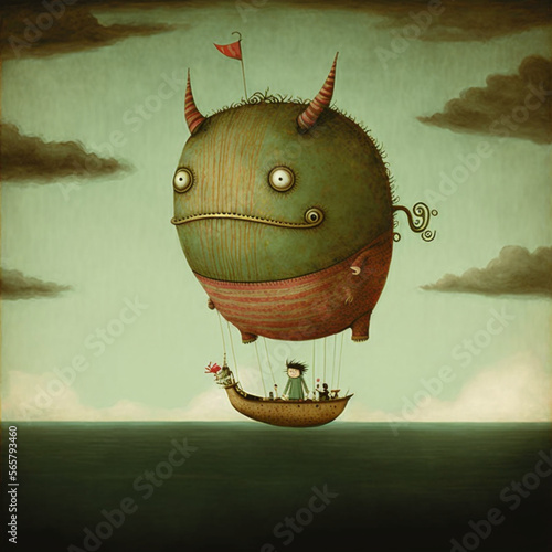 mythical creatures, in the sky, floating, illustrated, drawn, where are the wild things, surreal, reddish, greenish #2, Generative AI