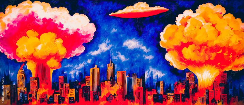Abstract painting of Aftermath of an atomic bomb explosion in city with ...
