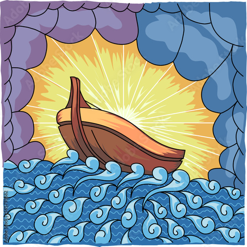 cartoon ship in the middle of the sea with curved waves with sunrise background, gradient color, blurred, noise, flat design