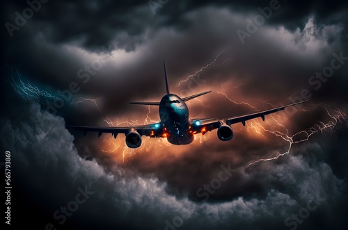 commercial airliner flying through a stormy sky, with bolts of lightning illuminating the clouds in the background (AI Generated)