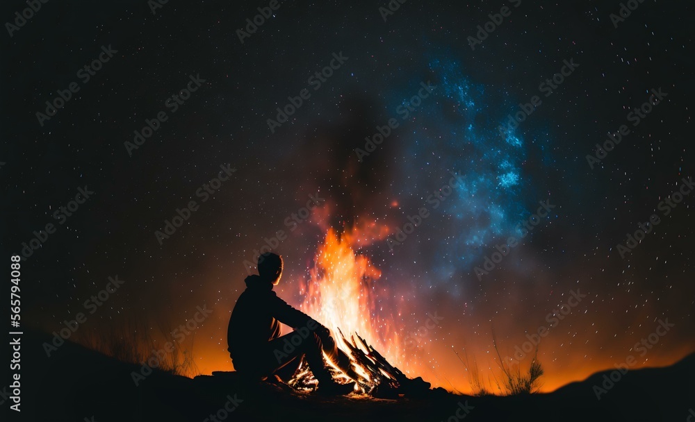 silhouette of a person sitting alone by a bonfire, with the bright flames contrasting against the dark night sky (AI Generated) silhouette of a person sitting alone by a bonfire, with the bright flames contrasting against the dark night sky (AI Generated)