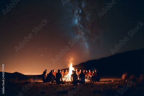 wide shot of a group of people gathered around a bonfire, with the flames illuminating their faces against the starry sky (AI Generated) © zhOngphO