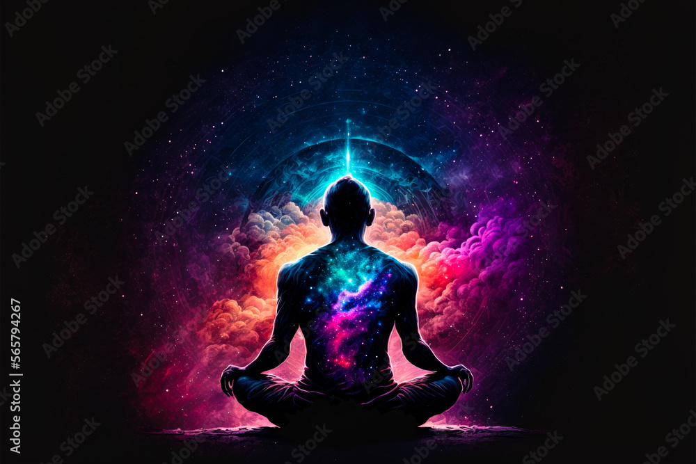 Back view Man sitting in yoga lotus pose and his connection to space - illustration - Generative AI Back view Man sitting in yoga lotus pose and his connection to space - illustration - Generative AI
