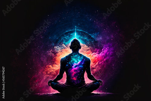 Back view Man sitting in yoga lotus pose and his connection to space - illustration - Generative AI