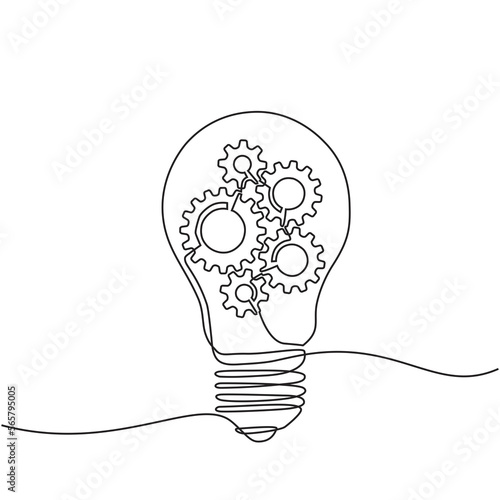 Continuous one line drawing of light bulbs with metal gears inside. can be for machine company identity. Creative automotive repair shop icon concept in doodle style.