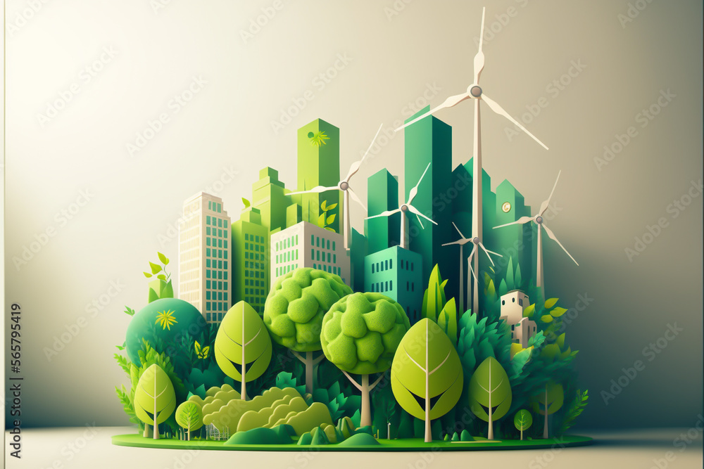 Obraz Leading the way in green industry and clean energy initiatives. Developed an eco-friendly city that utilizes renewable energy sources such as solar, wind, geothermal power to reduce carbon footprint. fototapeta, plakat