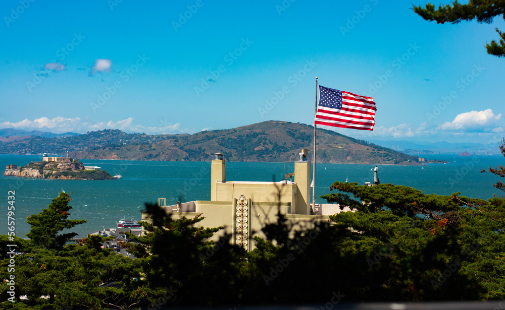 American Flag over the San Francisco Bay